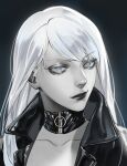  black_lips collarbone highres jacket leather leather_jacket nemissa o-ring_collar soul_hackers white_hair yorita_(kick_knock) zipper zipper_pull_tab 