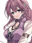  1girl blue_eyes braid braided_ponytail breasts double-parted_bangs earrings eiyuu_densetsu emma_millstein hair_between_eyes hair_ornament jewelry large_breasts long_hair looking_at_viewer natsusechoco pearl_earrings pendant pink_hair ponytail portrait sen_no_kiseki sen_no_kiseki_iii simple_background smile solo upper_body white_background 