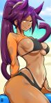  1girl animal_ears artist_logo bayeuxman beach bikini black_bikini bleach blurry blurry_background breasts cat_ears cat_girl cat_tail cloud cloudy_sky covered_nipples dark-skinned_female dark_skin fang highres large_breasts long_hair looking_at_viewer navel navel_piercing orange_pantyhose orange_shrug outdoors pantyhose parted_bangs piercing ponytail shirt sitting skindentation sky smile solo stomach swimsuit tail tan tanlines thick_thighs thighs toned_female tongue tongue_out torn_clothes torn_pantyhose torn_shirt very_long_hair 