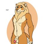  anthro blonde_mane brown_body brown_fur felid feline flaccid fur genitals glans green_eyes hi_res king lion looking_at_viewer male mammal mane markings nude pantherine penis pink_glans royalty solo standing tail white_markings woof! 