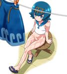  1girl arm_support blue_eyes blue_hair blurry blush bottomless breasts capri_pants clothes_pin clothesline crop_top depth_of_field feet female floor full_body hair_ornament hairband kousaka_jun matching_hair/eyes naked_shirt pants pokemon pokemon_(anime) pokemon_(game) pokemon_sm pussy sailor_collar sandals shirt short_hair simple_background sitting sleeveless sleeveless_shirt small_breasts solo stool suiren_(pokemon) toes trial_captain uncensored wet white_background wooden_floor 