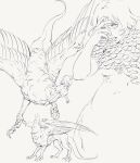 1girl breasts dungeon_meshi falin_touden falin_touden_(chimera) greyscale hand_up highres medium_breasts medium_hair monochrome monster_girl multiple_views nude open_mouth sketch white_background wings xxlunawarriorxx 