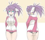  arms_behind_back ass black_panties blue_eyes blush breasts cowboy_shot hair_between_eyes hair_ribbon hood hoodie imura_(shiro_maru) large_breasts long_hair looking_at_viewer multiple_views nose_blush original panties ponytail purple_hair ribbon shiro_maru thigh_gap underwear 