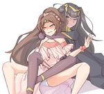  asphyxiation bangs black_hair blush bodysuit bracelet breasts bridal_gauntlets brown_hair cape choke_hold cleavage fighting fire_emblem fire_emblem:_kakusei fire_emblem_heroes jaegan jewelry linda_(fire_emblem) long_hair medium_breasts multiple_girls one_eye_closed purple_eyes smile strangling tharja tiara two_side_up white_background 