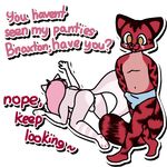  2017 all_fours anthro anus balls big_tail blush butt casual clothing cum_in_panties feline fur fur_pattern invalid_tag male male/male mammal orange_eyes panties pattern paws penis pink_fur precum red_fur squishy_kitty_(artist) underwear 