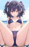  1girl bare_legs bare_shoulders beach bikini black_hair blue_bikini blue_sky blush breasts brown_eyes cameltoe cleavage cloud collarbone day hair_ribbon highres horizon long_hair looking_at_viewer navel ocean open_mouth original outdoors ribbon rikudou_inuhiko sand sitting sky solo spread_legs swimsuit thighs two_side_up water 