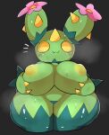  1_horn 3_claws :3 anthro areola big_breasts black_background bodily_fluids breasts claws ebi10000000000 eyelashes female female_anthro flower front_view generation_5_pokemon glistening glistening_nipples glistening_thighs green_body green_breasts green_skin hand_on_breast hands_on_own_breasts hi_res holding_breast horn looking_at_viewer maractus musk musk_clouds nintendo nipples pink_flower plant pokemon pokemon_(species) simple_background solo spikes spikes_(anatomy) sweat sweaty_breasts thick_thighs wide_hips yellow_areola yellow_claws yellow_eyes yellow_horn yellow_nipples yellow_sclera yellow_spikes 