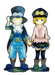  1boy 1girl artist_name ascot bandaid bandaid_on_face belt blonde_hair blue_eyes boots brown_gloves commentary_request frilled_shirt frills gloves goggles goggles_on_headwear hanakotoba28 hand_on_headwear hat highres holding_hands koala_(one_piece) looking_at_another one_piece pink_shirt sabo_(one_piece) shirt short_hair shorts simple_background skirt smile starry_sky_print thighhighs top_hat white_ascot white_background 