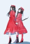  2girls animification boots crown dress from_below full_body heart hrd0c joy_(red_velvet) long_dress long_sleeves looking_at_viewer looking_back multiple_girls real_life red_dress red_footwear red_socks red_velvet_(group) seulgi_(red_velvet) signature socks 