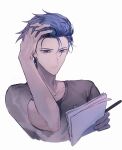  1boy alternate_costume antinomy bad_id bad_lofter_id blue_hair cropped_torso expressionless grey_eyes grey_shirt hair_slicked_back hand_in_own_hair hand_on_own_head highres holding holding_paper holding_pen looking_down male_focus naoki_(2rzmcaizerails6) paper pen shirt short_hair simple_background solo t-shirt upper_body white_background yu-gi-oh! yu-gi-oh!_5d&#039;s 