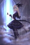 aqua_eyes ascot black_choker black_dress black_gloves black_legwear black_ribbon black_sailor_collar blonde_hair blurry blurry_background bug butterfly butterfly_on_hand choker church closed_mouth dark_skin dress dust fingerless_gloves fog from_side gloves gothic_lolita hair_ornament highres idolmaster idolmaster_cinderella_girls indoors insect layered_dress layla_(idolmaster) light_particles lolita_fashion long_hair long_sleeves looking_at_viewer makeup mascara noname_(metaldragonfly) outstretched_hand pantyhose pillar puffy_long_sleeves puffy_sleeves ribbon sailor_collar silk solo spider_web standing straight_hair window 