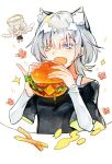  1girl angel_wings animal_ears bang_dream! bang_dream!_it&#039;s_mygo!!!!! black_shirt blue_eyes burger cat_ears cheese commentary_request fang food french_fries halo heterochromia highres holding holding_burger holding_food kaname_raana kemonomimi_mode layered_sleeves lettuce long_sleeves medium_hair open_mouth reiboubyou shirt short_over_long_sleeves short_sleeves simple_background skin_fang smile solo sparkle sparkling_eyes tomato tomato_slice upper_body white_background white_hair wings yellow_eyes 