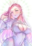  1girl artist_name braid breasts cleavage cleavage_cutout clothing_cutout commentary covered_navel fire_emblem fire_emblem_heroes hand_up large_breasts leotard lips loki_(fire_emblem) long_hair looking_at_viewer navel official_alternate_costume open_mouth purple_eyes signature simple_background solo t_misaomaru upper_body white_background white_leotard 