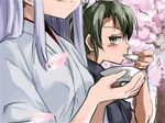  blush cherry_blossoms choko_(cup) cup drinking gmgt_(gggggg3) green_eyes green_hair hair_ribbon hanami japanese_clothes kantai_collection long_hair multiple_girls petals remodel_(kantai_collection) ribbon sakazuki shoukaku_(kantai_collection) twintails zuikaku_(kantai_collection) 