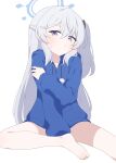  1girl absurdres barefoot blue_archive blue_hoodie grey_hair hagoonha halo highres hood hoodie long_hair looking_at_viewer miyako_(blue_archive) miyako_(young)_(blue_archive) purple_eyes simple_background thighs white_background 