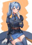  1girl absurdres alternate_hairstyle blue_eyes blue_hair blue_skirt blue_thighhighs blush breasts dawn_1945 gloves gotland_(kancolle) hair_between_eyes half_gloves highres kantai_collection long_hair long_sleeves looking_at_viewer medium_breasts military_uniform mole mole_under_eye necktie shirt sitting skirt smile solo thighhighs twitter_username uniform white_background white_gloves yellow_background 