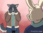  5_fingers anthro biped canid canine canis charlie_(fruitz) clothed clothing countershade_fur countershade_tail countershading duo embarrassed erection erection_under_clothing fingers fruitz fur lagomorph leporid male mammal maverick_(fruitz) rabbit tail unwanted_erection wolf 