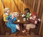  4girls :d artist_name belt blonde_hair blue_dress blush bow brown_footwear brown_shorts cup dark-skinned_female dark_skin day dress dungeon_meshi english_commentary falin_touden hair_bow hand_on_another&#039;s_hip hand_on_another&#039;s_shoulder highres indoors kaereth kiki_floke long_hair marcille_donato mug multiple_girls namari_(dungeon_meshi) red_bow red_hair sandals shirt short_hair short_sleeves shorts sitting smile table talking teacup yellow_shirt yuri 