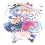  2girls ascot bat_wings black_hat blonde_hair blouse bow buttons crystal diamond_button eyeball flandre_scarlet frilled_shirt_collar frilled_sleeves frills green_hair green_skirt hat hat_bow hat_ribbon heart heart_of_string hiyuu_(hiyualice) komeiji_koishi mob_cap multicolored_wings multiple_girls one_side_up open_mouth puffy_short_sleeves puffy_sleeves red_eyes red_skirt red_vest ribbon shirt short_sleeves side_ponytail skirt skirt_set touhou vest white_background white_hat wide_sleeves wings yellow_ascot yellow_bow yellow_ribbon yellow_shirt 