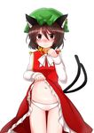  :3 animal_ears blush brown_hair cameltoe cat_ears cat_tail chen commentary_request dress dress_lift hat highres minamisawa mob_cap multiple_tails nose_blush panties red_dress red_eyes smile solo tail touhou two_tails underwear white_panties 
