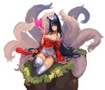  ahri animal_ears bare_shoulders black_hair breasts cleavage collarbone detached_sleeves facial_mark fox_ears fox_tail heart highres korean_clothes large_breasts league_of_legends long_hair multiple_tails orange_eyes qbspdl sandals simple_background sitting slit_pupils solo tail tassel thighhighs very_long_hair white_background white_legwear wide_sleeves 