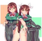  asymmetrical_legwear breasts brown_eyes brown_hair chiha_(abo_ecm_mk25) chikuma_(kantai_collection) commentary_request cowboy_shot dress elbow_gloves eyebrows_visible_through_hair gloves hair_between_eyes hair_ribbon highres kantai_collection large_breasts long_hair looking_at_viewer medium_breasts multiple_girls no_panties no_pants pelvic_curtain remodel_(kantai_collection) ribbon short_dress side_slit single_elbow_glove single_glove single_thighhigh thighhighs thighs tone_(kantai_collection) twintails white_ribbon 