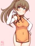  1girl alternate_costume artist_logo brown_hair china_dress chinese_clothes commentary_request covered_navel covered_nipples cowboy_shot dated dress elbow_gloves gloves green_eyes hand_on_own_hip kanon_(kurogane_knights) kantai_collection kumano_(kancolle) long_hair one-hour_drawing_challenge orange_dress pink_background simple_background smile solo standing white_gloves 