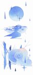  absurdres bird blue_bird blue_theme branch chinese_commentary cloud commentary_request highres jiang_(tang_kaike_ban) moon mountain no_humans object_focus original painting_(medium) rain river simple_background simple_bird snail_shell sparkle traditional_media water_drop watercolor_(medium) white_background 