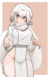  1girl animal_ears asymmetrical_dress azz0422 blush breasts dog_ears dress eyebrows_hidden_by_hair grey_eyes highres looking_at_viewer medium_breasts medium_hair original paw_pose scarf solo sweat thighhighs white_dress white_hair white_scarf white_thighhighs 