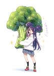  1girl :&lt; absurdres black_socks blush broccoli collared_shirt commentary_request detached_hair double_bun food full_body grey_skirt hair_bun hair_ornament hairclip hamayumiba_sou heart heart_hair_ornament highres holding holding_food holding_vegetable hood hoodie kneehighs looking_at_viewer neck_ribbon ochikobore_fruit_tart open_mouth oversized_food oversized_object parted_bangs pink_footwear purple_eyes purple_hair red_ribbon ribbon sekino_roko shadow shirt shoes side_up_bun sidelocks skirt sneakers socks solo sparkle translation_request v-shaped_eyebrows vegetable white_hoodie white_shirt 