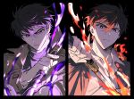  2boys black_border black_hair black_jacket border closed_mouth collared_shirt energy highres jacket kim_dokja light_frown long_sleeves looking_at_viewer male_focus multiple_boys omniscient_reader&#039;s_viewpoint portrait shirt split_screen sword toramaru_(696anna) v-shaped_eyebrows weapon white_shirt yoo_joonghyuk 