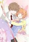  1boy 1girl antenna_hair brown_hair cardcaptor_sakura carrying cherry_blossoms closed_eyes collared_dress collared_shirt couple dress hetero highres holding holding_wand jacket kinomoto_sakura li_syaoran necktie open_clothes open_jacket open_mouth petals princess_carry rii2a77ru shirt short_hair smile suit wand 