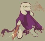  2024 anthro barefoot canid canine cape cave_story clothing feet fox fur half-closed_eyes hi_res holding_melee_weapon holding_object holding_sword holding_weapon king_(cave_story) lagomorph male mammal melee_weapon mimiga narrowed_eyes nik000ooo purple_cape purple_clothing serious signature simple_background solo sword toes weapon white_body white_fur 