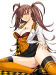  1girl artist_request bra breasts brown_hair dr._arach highres lab_coat lace lace_bra large_breasts long_hair looking_at_viewer orange_thighhighs orange_vest patterned_clothing smile thighhighs tsukihime tsukihime_(remake) underwear vest white_background yellow_eyes 