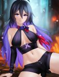  1girl arm_support black_hair black_shorts breasts colored_inner_hair commentary crop_top gigamessy highres honkai:_star_rail honkai_(series) long_hair looking_at_viewer medium_breasts midriff multicolored_hair navel purple_eyes purple_hair seele_(honkai:_star_rail) short_shorts shorts sitting solo stomach very_long_hair 