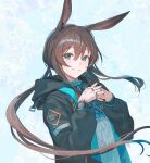  1girl amiya_(arknights) animal_ears arknights ascot black_jacket blue_ascot blue_choker blue_eyes brown_hair choker hair_between_eyes hood hood_down hooded_jacket interlocked_fingers jacket jewelry light_blush long_hair long_sleeves looking_at_viewer material_growth multiple_rings nagu open_clothes open_jacket oripathy_lesion_(arknights) ponytail rabbit_ears ring shirt solo thumb_ring upper_body very_long_hair white_shirt 