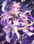  bare_shoulders black_dress brooch choker dress fu_xuan_(honkai:_star_rail) galaxy hair_ornament high_heels honkai:_star_rail honkai_(series) jewelry kakiko210 long_hair meteor_shower pantyhose pink_brooch pink_eyes pink_hair pleated_dress pleated_skirt purple_background purple_sky skirt sky star_(sky) star_brooch starry_sky third_eye twintails white_dress white_pantyhose white_skirt yellow_eyes 