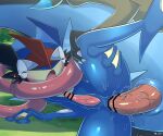 anal anal_penetration anthro anthro_on_anthro anthro_penetrated anthro_penetrating anthro_penetrating_anthro anus ash-greninja black_body blue_body blush bodily_fluids censored generation_6_pokemon genitals greninja male male/male male_penetrated male_penetrating male_penetrating_male mega_charizard mega_charizard_x mega_evolution morito_(artist) nintendo penetration penile penile_penetration penis penis_in_ass penis_size_difference pokemon pokemon_(species) sex tears