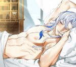  1boy abs arm_up artist_name bed_sheet bedroom eriimyon genshin_impact hair_between_eyes highres indoors looking_at_viewer lying male_focus multicolored_hair muscular muscular_male neuvillette_(genshin_impact) nipples on_back on_bed one_eye_closed pillow purple_eyes solo streaked_hair sunlight topless_male twitter_username under_covers white_hair 