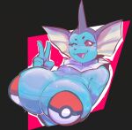  2024 anthro big_breasts black_sclera blue_body blue_face blue_skin breasts bust_portrait circle_eyebrows digital_media_(artwork) ear_frill eeveelution eyebrows female fin fin_frill fingers frill_(anatomy) front_view generation_1_pokemon gesture hand_gesture huge_breasts looking_aside nintendo one_eye_closed open_mouth open_smile pokeball pokemon pokemon_(species) portrait pupils simple_background smile solo themercart v_sign vaporeon white_pupils wink 
