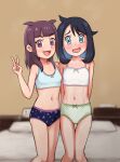  2girls :d abs ann_(pokemon) black_hair blunt_bangs blurry blurry_background blush brown_hair collarbone commentary_request cowlick crop_top fang hand_up highres indoors knees liko_(pokemon) midriff multiple_girls navel nervous open_mouth panties pokemon pokemon_(anime) pokemon_horizons purple_eyes shirt smile sweat tkgsippo underwear v white_shirt 