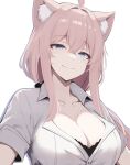  1girl absurdres ahoge animal_ear_fluff animal_ears blue_eyes breasts cat_ears cleavage collarbone commentary hair_intakes highres large_breasts long_hair looking_at_viewer neko_(solution1988) original pink_hair shirt short_sleeves smile solo upper_body white_shirt 