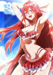  1girl absurdres armpits arms_behind_back arms_up bare_shoulders bikini bikini_skirt blue_sky blush breasts cloud cordelia_(fire_emblem) cordelia_(summer)_(fire_emblem) cowboy_shot day fire_emblem fire_emblem_awakening fire_emblem_heroes frilled_bikini frills hair_between_eyes hair_ornament halterneck highres long_hair looking_at_viewer medium_breasts navel open_mouth outdoors presenting_armpit red_bikini red_eyes red_hair sky smile solo standing stomach sweat swimsuit to_(tototo_tk) very_long_hair wing_hair_ornament 