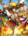  bag battle_maiden_touka brown_hair cardfight!!_vanguard company_name explosive fire green_eyes grenade i-la long_hair miniskirt official_art one_eye_closed skirt solo teeth twintails 