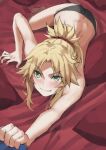  1girl bare_shoulders black_panties blonde_hair blush braid breasts clenched_teeth commentary fate/apocrypha fate_(series) french_braid green_eyes hair_ornament hair_scrunchie highres long_hair looking_at_viewer mordred_(fate) mordred_(fate/apocrypha) panties parted_bangs ponytail red_scrunchie revision scrunchie sidelocks small_breasts solo teeth tonee underwear v-shaped_eyebrows 