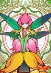  artist_name boots detached_sleeves digimon digimon_(creature) dress fairy fairy_wings finalelysion green_eyes green_footwear green_hair green_sleeves holding_cannon lilimon looking_at_viewer monster_girl parted_lips pink_dress plant plant_hair smile vines wings 