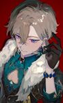  1boy aqua_shirt aventurine_(honkai:_star_rail) black_gloves blonde_hair bracelet clothing_cutout collared_shirt earrings fur_trim gloves hair_between_eyes highres honkai:_star_rail honkai_(series) jewelry looking_at_viewer male_focus multicolored_eyes pectoral_cleavage pectorals ponn_mame shirt short_hair solo two-tone_eyes 