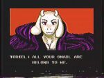  2023 anthro boss_monster_(undertale) bovid breasts caprine chest_tuft cleavage clothed clothing dialogue english_text engrish female fur goat hi_res horn komm64 mammal parody red_eyes solo text toriel tuft undertale_(series) white_body white_fur zero_wing 