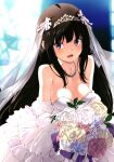  1girl black_hair blush bouquet breasts bridal_veil cleavage dress highres inoue_takina izumi_mahiru jewelry large_breasts long_hair looking_at_viewer lycoris_recoil necklace non-web_source open_mouth purple_eyes smile solo veil wedding_dress white_dress 