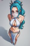  1girl ai-generated bare_shoulders blue_hair breasts collarbone highres looking_at_viewer navel nefertari_vivi one_piece prixmal shadow solo standing stomach 
